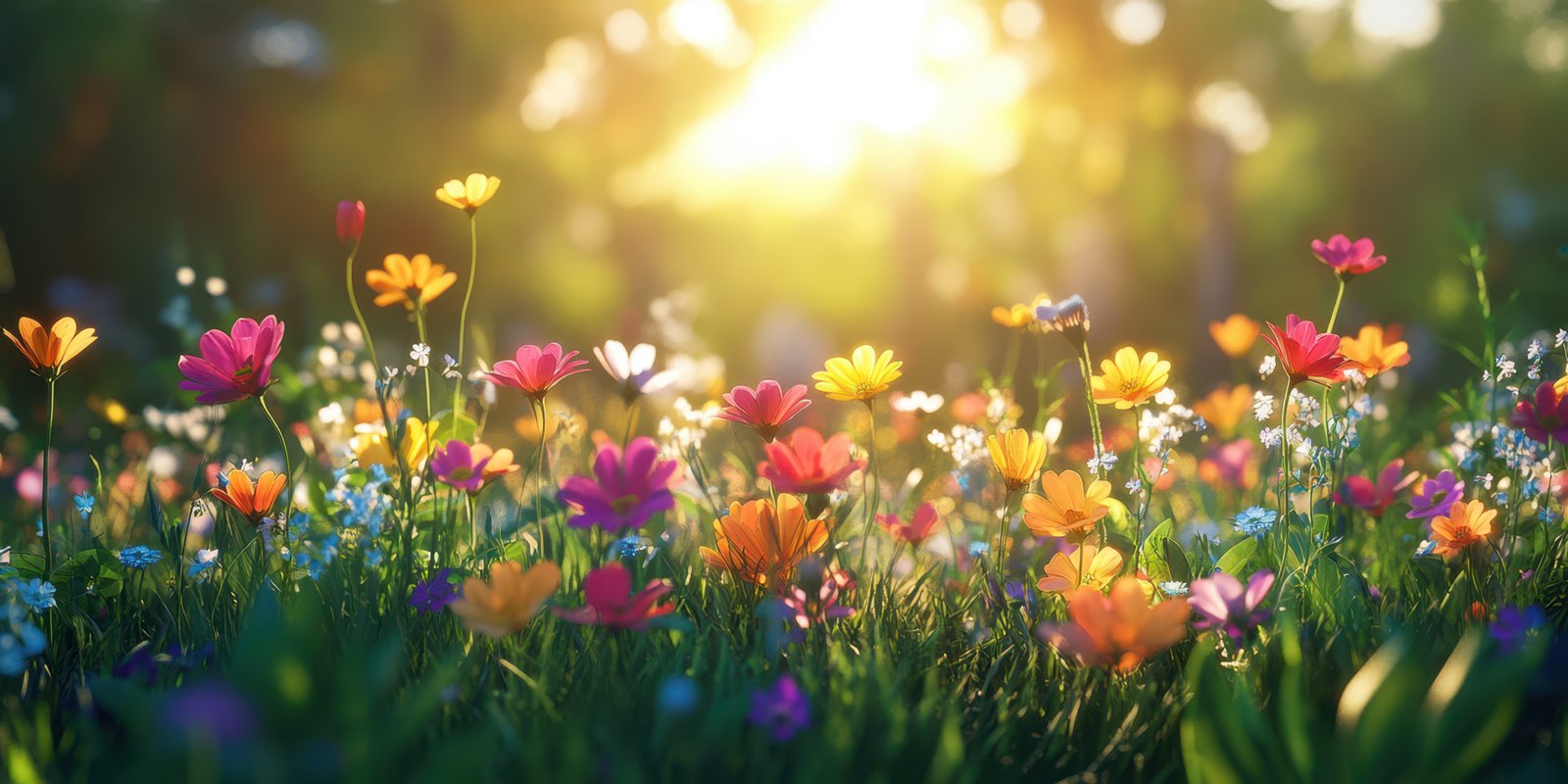 Colorful wildflowers blooming in a sunlit meadow during spring with a warm glow in the background